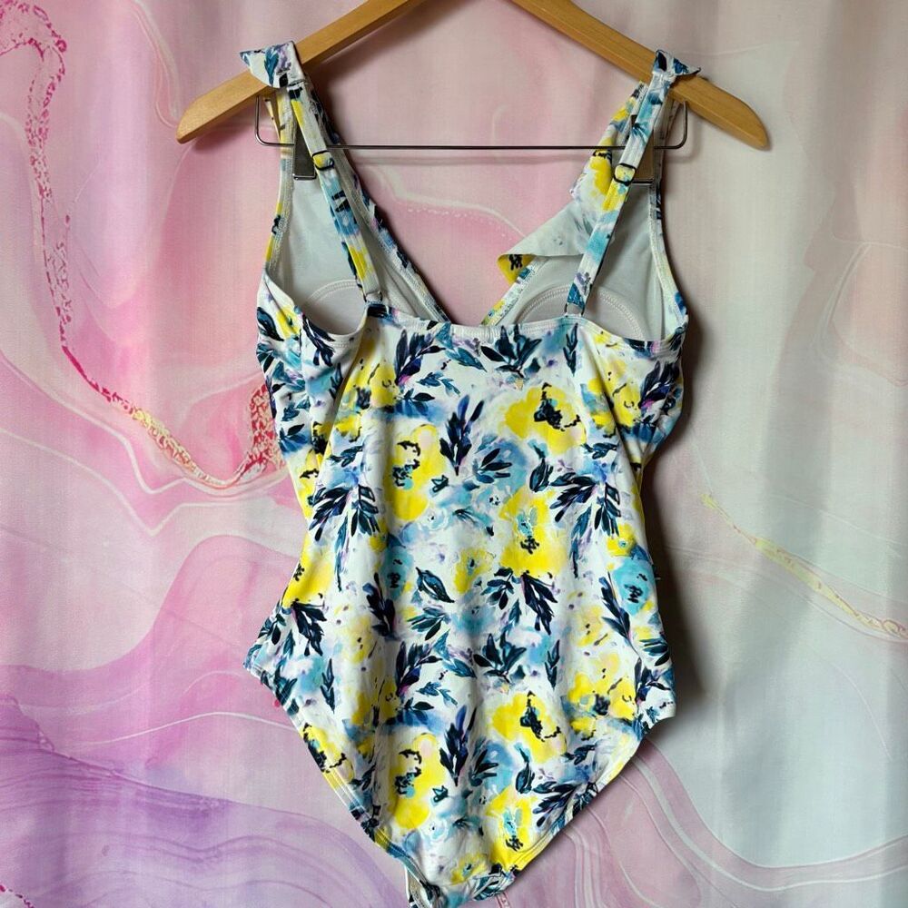 Niptuck 6 Yellow Blue White Floral One Piece Swimsuit Beach Retro Boardwalk Chic - Picture 2 of 12
